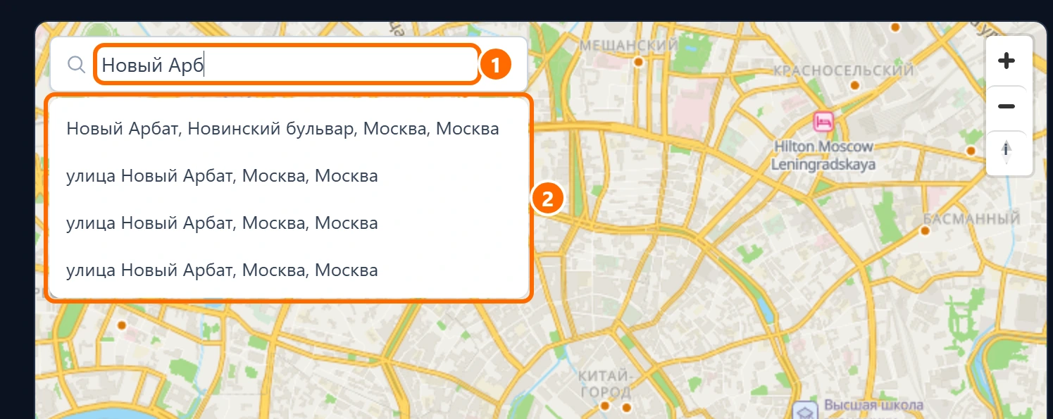 Поле поиска по адресу на карте Москвы с выпадающим списком подсказок при вводе «Новый Арб»