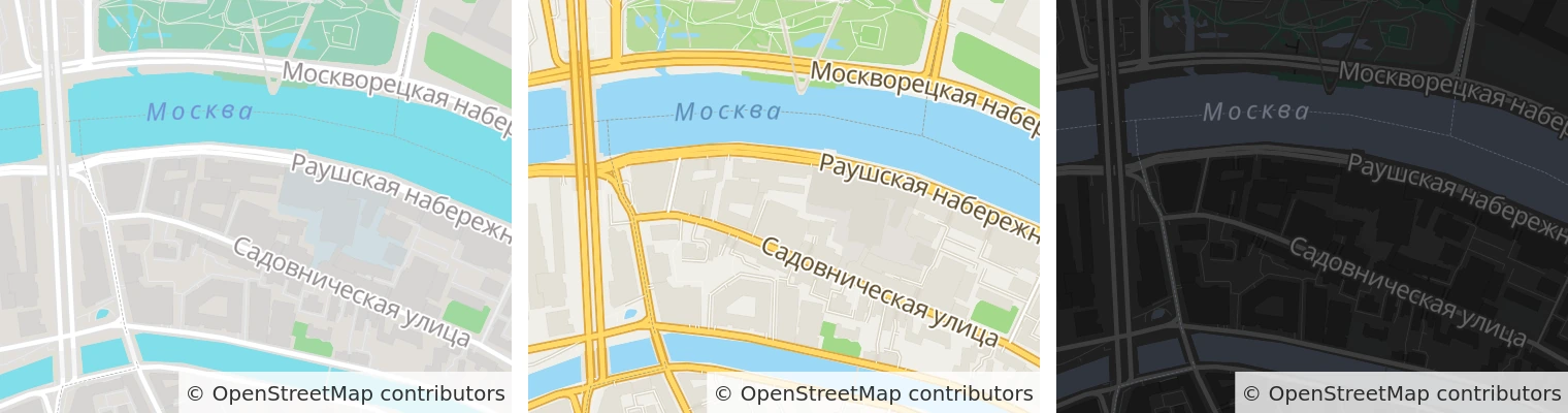 Один и тот же участок Москвы в светлом, тёплом и тёмном стиле статичной карты